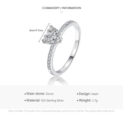 Ins Style Elegant Heart Shape Sterling Silver Hollow Out Inlay Zircon Rhodium Plated Rings