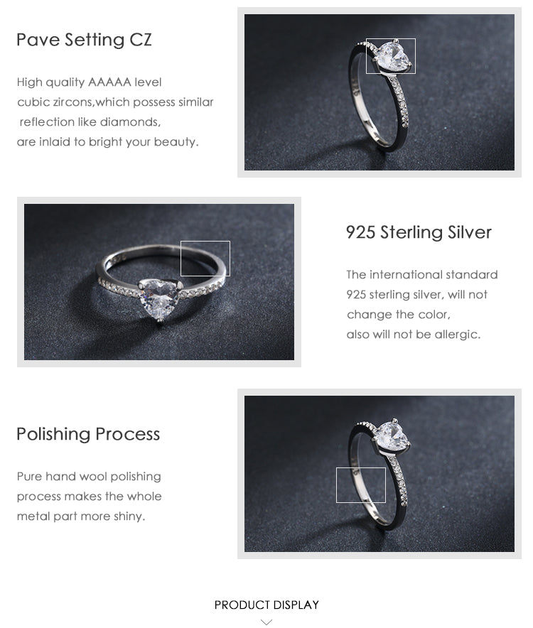 Ins Style Elegant Heart Shape Sterling Silver Hollow Out Inlay Zircon Rhodium Plated Rings