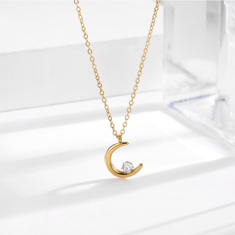 Simple Style Moon Titanium Steel Plating Inlay Artificial Gemstones 18k Gold Plated Necklace