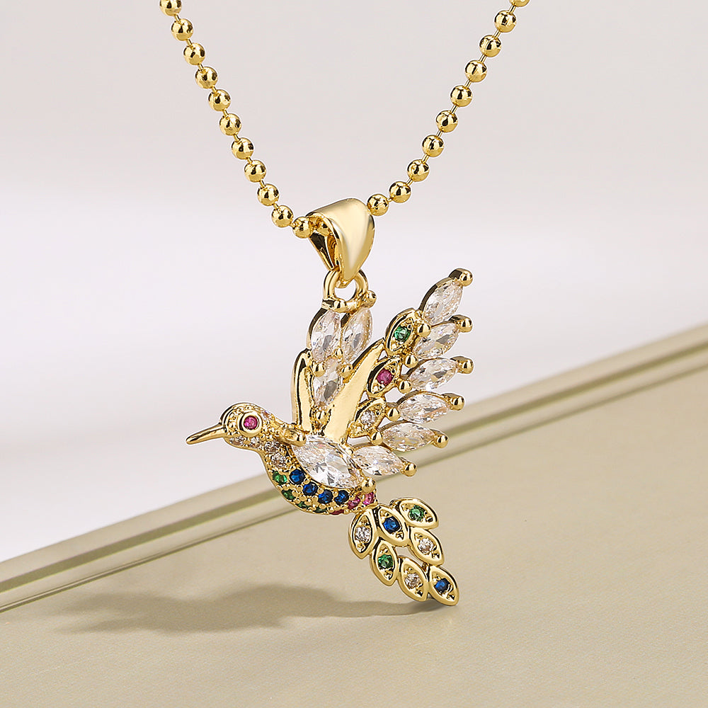 Modern Style Shiny Bird Copper 18k Gold Plated Zircon Pendant Necklace In Bulk