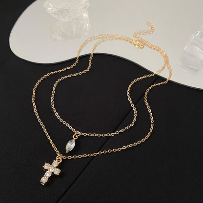 Wholesale Jewelry Vintage Style Simple Style Cross Alloy Rhinestones 14k Gold Plated Layered Necklaces