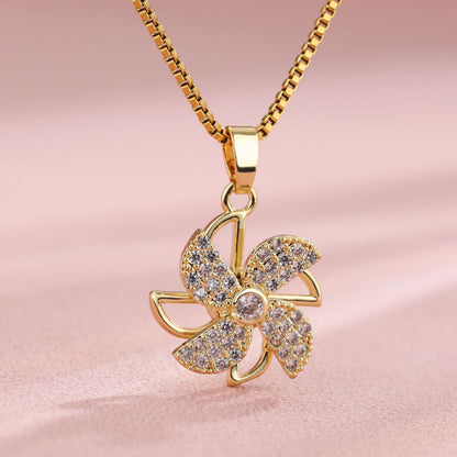 Elegant Shiny Maple Leaf Flower Stainless Steel Plating Inlay Zircon 18k Gold Plated Pendant Necklace