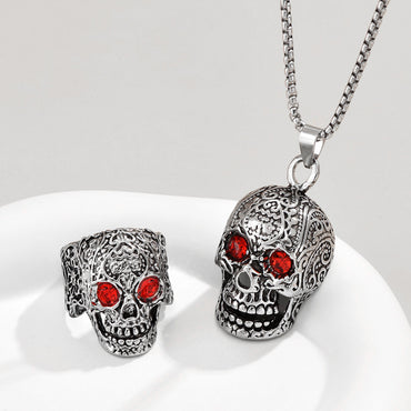 Retro Punk Skull Alloy Inlay Rhinestones Men's Rings Necklace