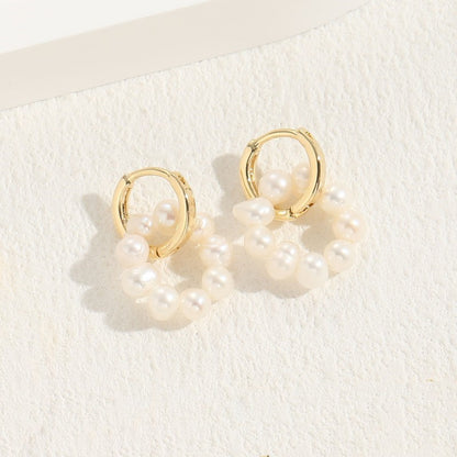 1 Pair Elegant Luxurious Classic Style Double Ring Natural Stone Copper Beaded Plating Inlay Freshwater Pearl 14k Gold Plated Drop Earrings Ear Studs