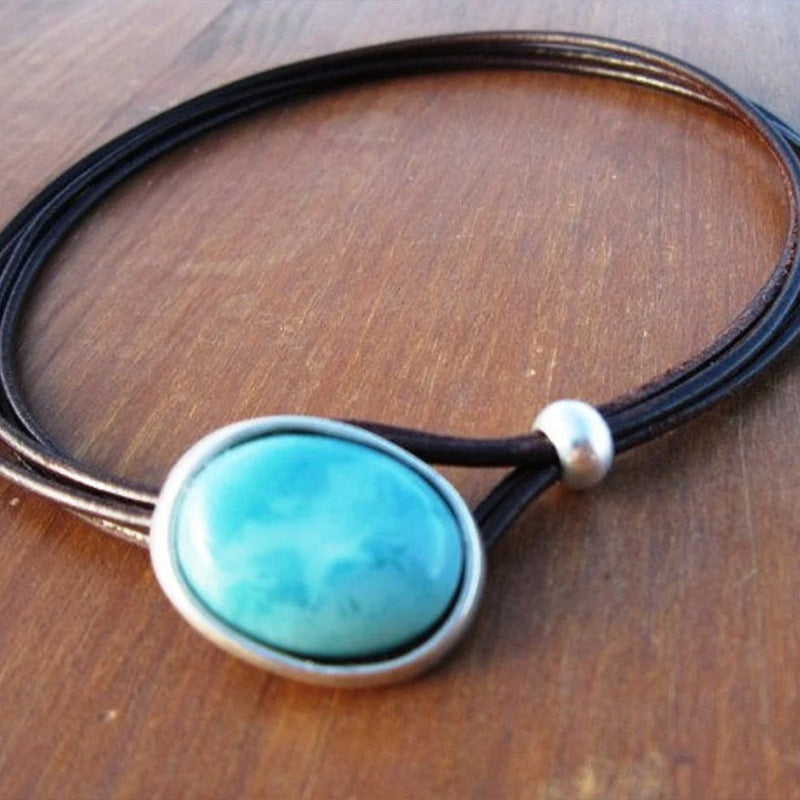 Vintage Style Oval Pu Leather Inlay Turquoise Women's Choker