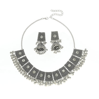 Retro Bell Metal Plating Inlay Artificial Diamond Silver Plated Women's Earrings Necklace