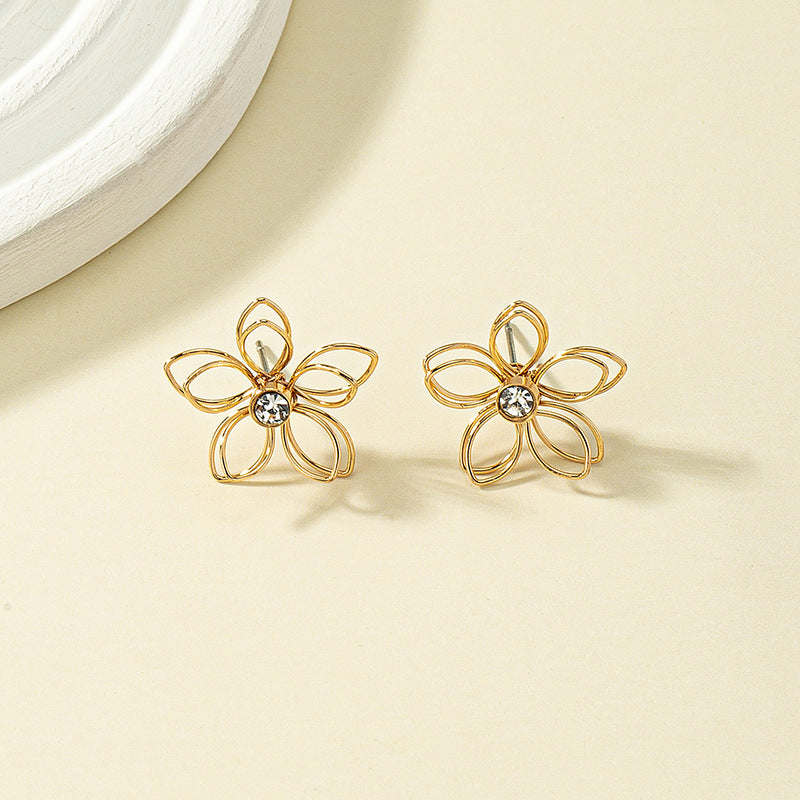 Sweet Simple Style Flower Metal Plating Hollow Out Inlay Zircon Women's Ear Studs