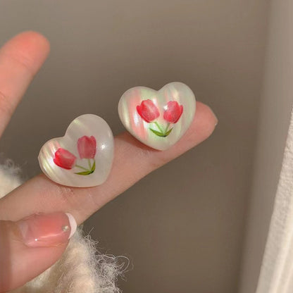 Fairy Style Pastoral Heart Shape Flower Alloy Women's Ear Studs