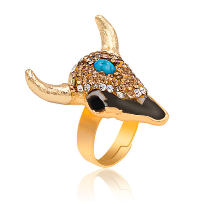 Exaggerated Bull Head Alloy Inlay Turquoise Rhinestones Unisex Open Ring