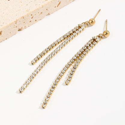 1 Pair Elegant Shiny Tassel Stainless Steel Plating Inlay Rhinestones 14k Gold Plated Drop Earrings