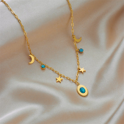 Vintage Style Simple Style Pentagram Moon Oval Titanium Steel Plating Inlay Turquoise 18k Gold Plated Pendant Necklace