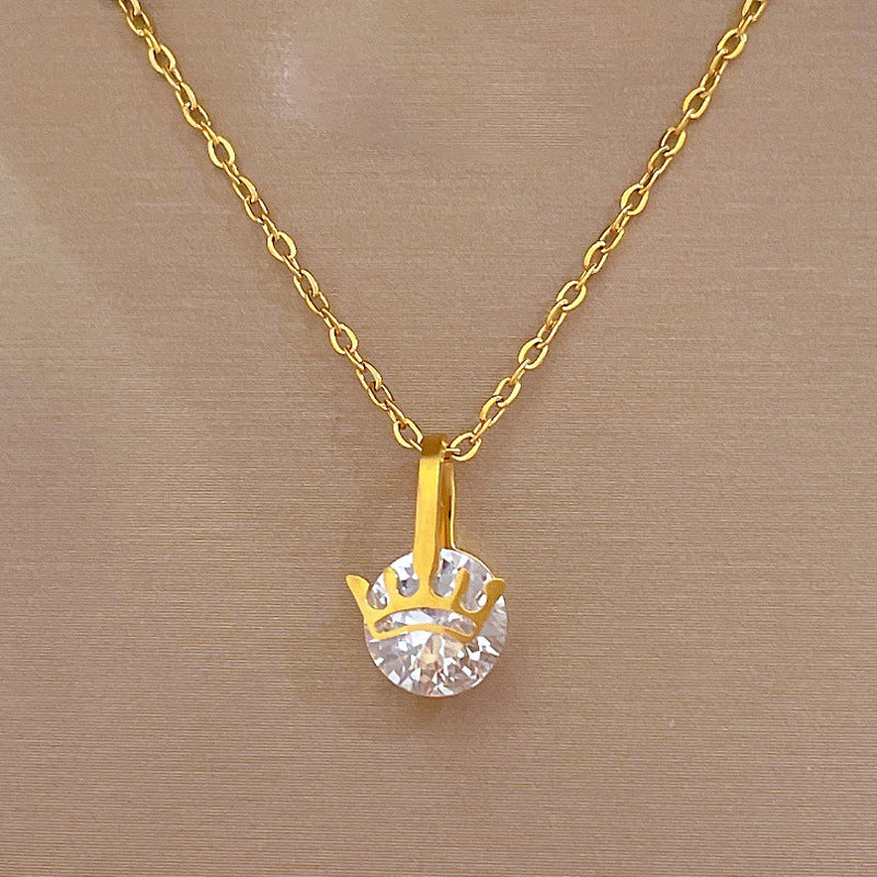 Lady Crown Titanium Steel Plating Inlay Zircon Pendant Necklace