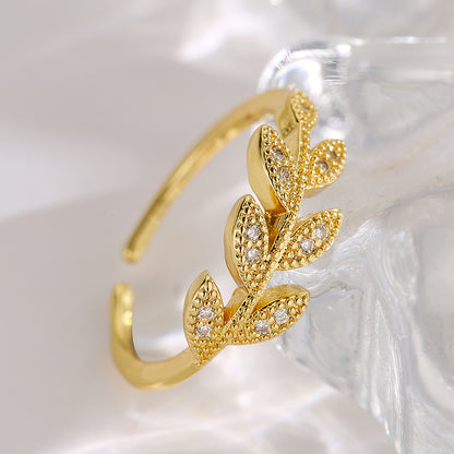 Simple Style Commute Leaf Flower Copper 18k Gold Plated Zircon Open Ring In Bulk