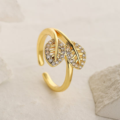 Simple Style Commute Leaf Flower Copper 18k Gold Plated Zircon Open Ring In Bulk