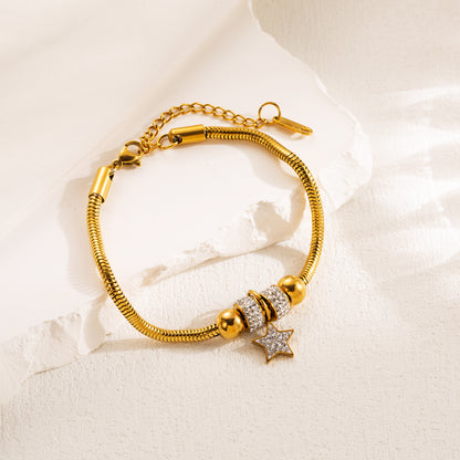 Shiny Star Heart Shape Butterfly Titanium Steel Enamel Plating Inlay Rhinestones Gold Plated Bracelets