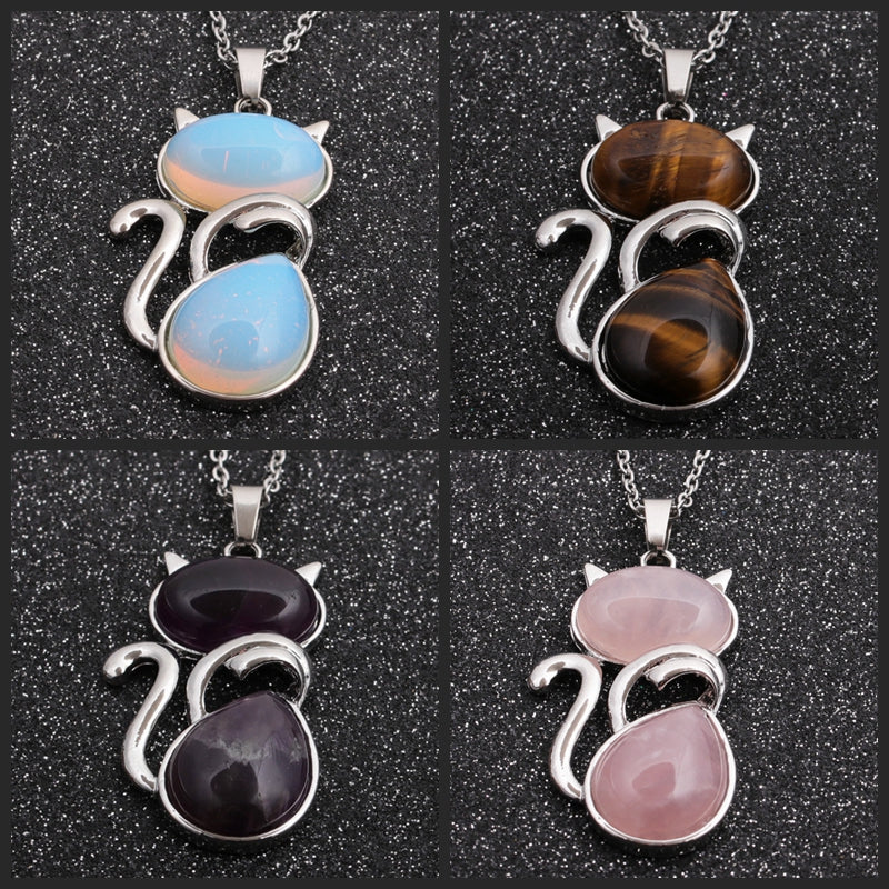 Casual Cute Cat Stainless Steel Plating Inlay Natural Stone Crystal Glass Pendant Necklace Long Necklace