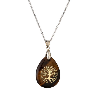 Streetwear Tree Stainless Steel Natural Stone Plating Pendant Necklace