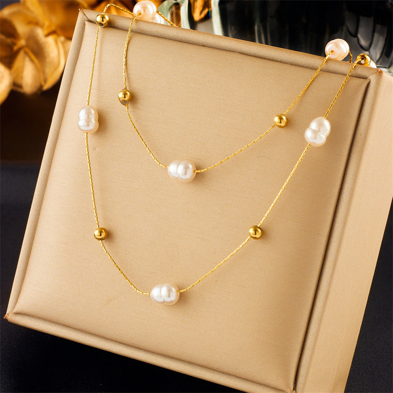 Baroque Style Solid Color Imitation Pearl Titanium Steel Beaded Plating 18k Gold Plated Layered Necklaces