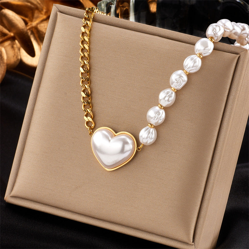 Baroque Style Heart Shape Titanium Steel Beaded Epoxy Plating 18k Gold Plated Pendant Necklace