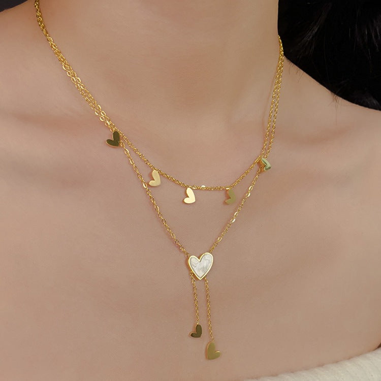 Sweet Simple Style Heart Shape Titanium Steel Plating Inlay Shell 18k Gold Plated Layered Necklaces