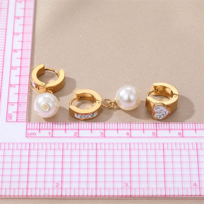 1 Pair Elegant Round Heart Shape Stainless Steel Artificial Pearl Plating Inlay Zircon Drop Earrings