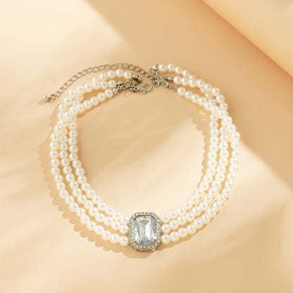 Wholesale Jewelry Elegant Rectangle Imitation Pearl Alloy Glass Choker