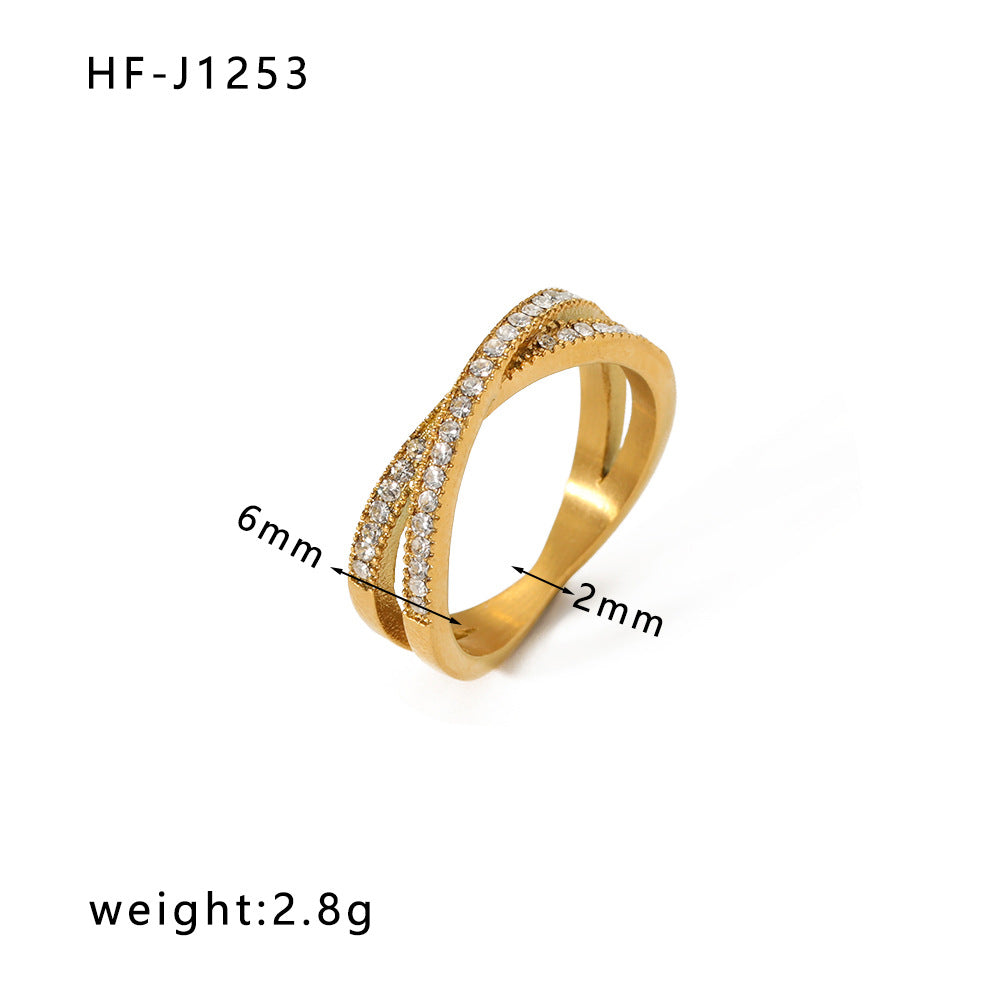 Ig Style Crown Rhombus Rectangle Stainless Steel Criss Cross Plating Inlay Zircon 18k Gold Plated Rings