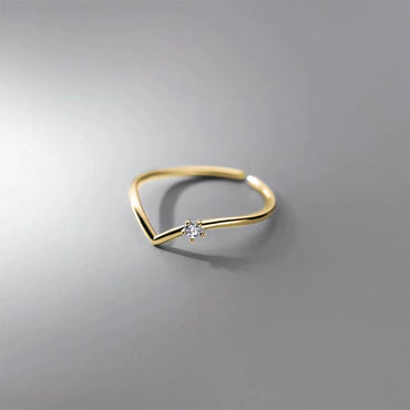 Simple Style V Shape Sterling Silver Inlay Rhinestones 18k Gold Plated Open Ring