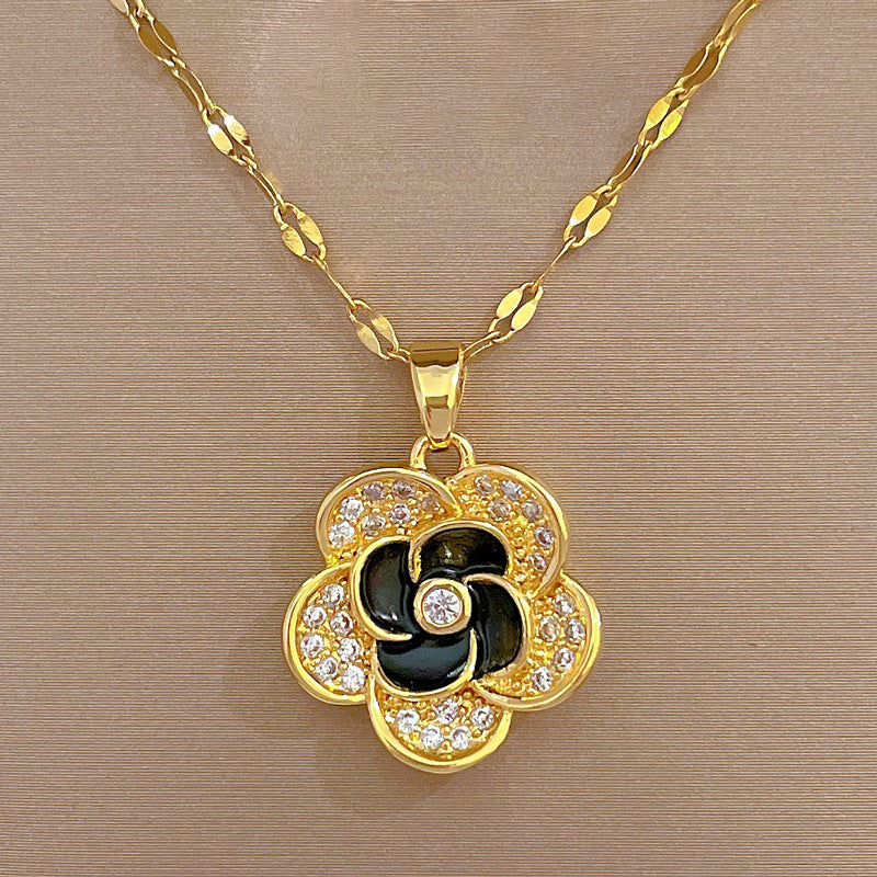 Glam Flower Titanium Steel Copper Enamel Plating Inlay Zircon Gold Plated Earrings Necklace