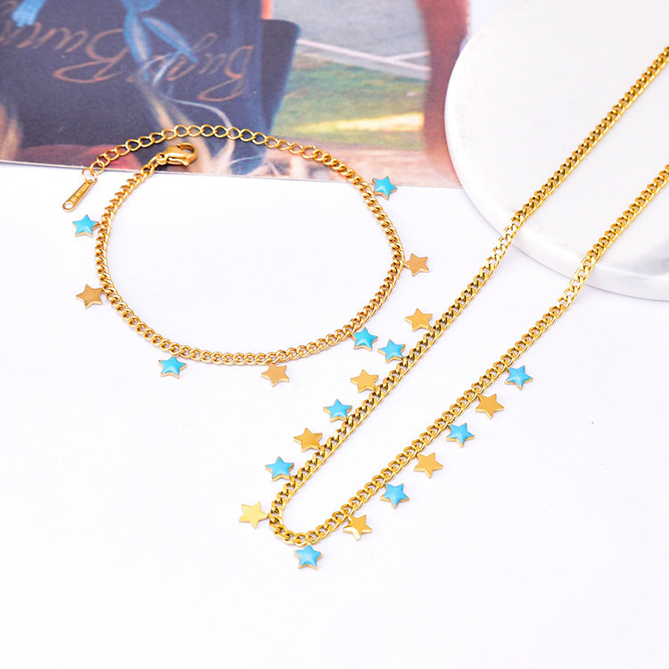 Casual Simple Style Star Moon Titanium Steel Epoxy Plating Bracelets Necklace