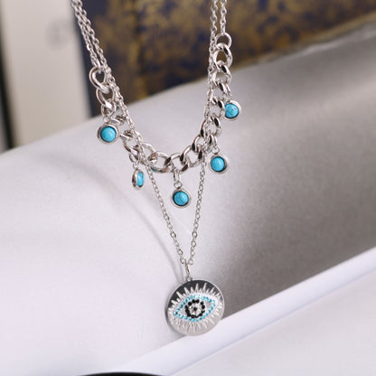 Casual Simple Style Round Devil's Eye Titanium Steel Plating Inlay Turquoise Rhinestones Layered Necklaces