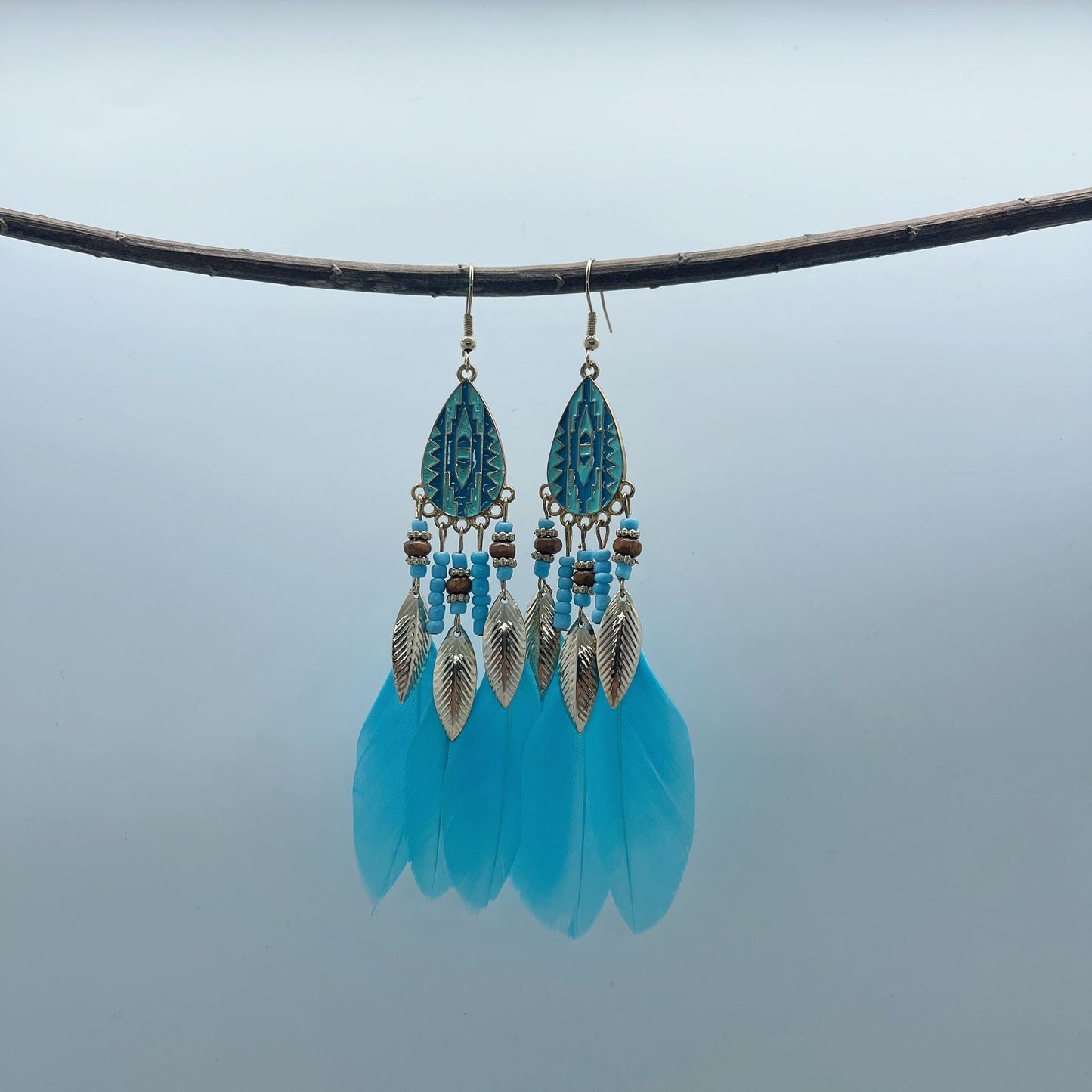 Ethnic Style Bohemian Water Droplets Alloy Feather Beaded Tassel Enamel Women's Drop Earrings