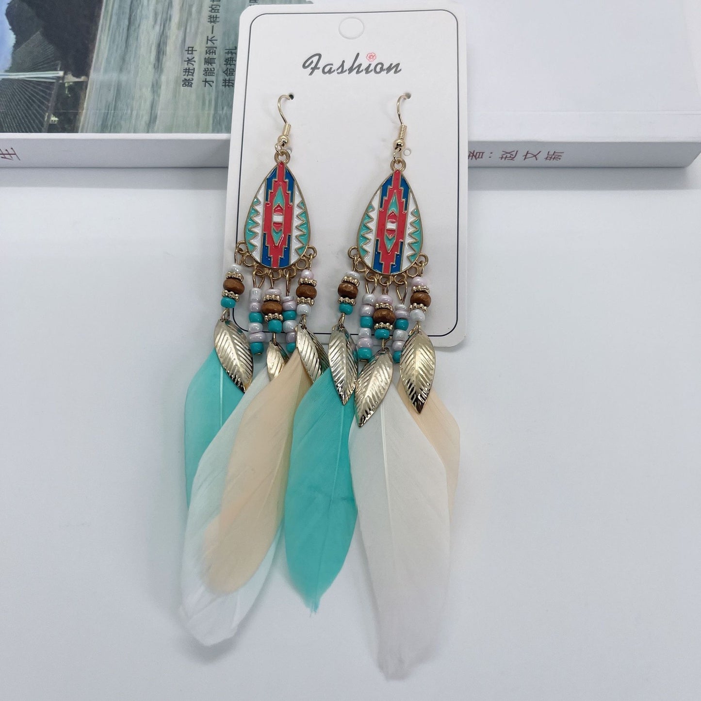 Ethnic Style Bohemian Water Droplets Alloy Feather Beaded Tassel Enamel Women's Drop Earrings