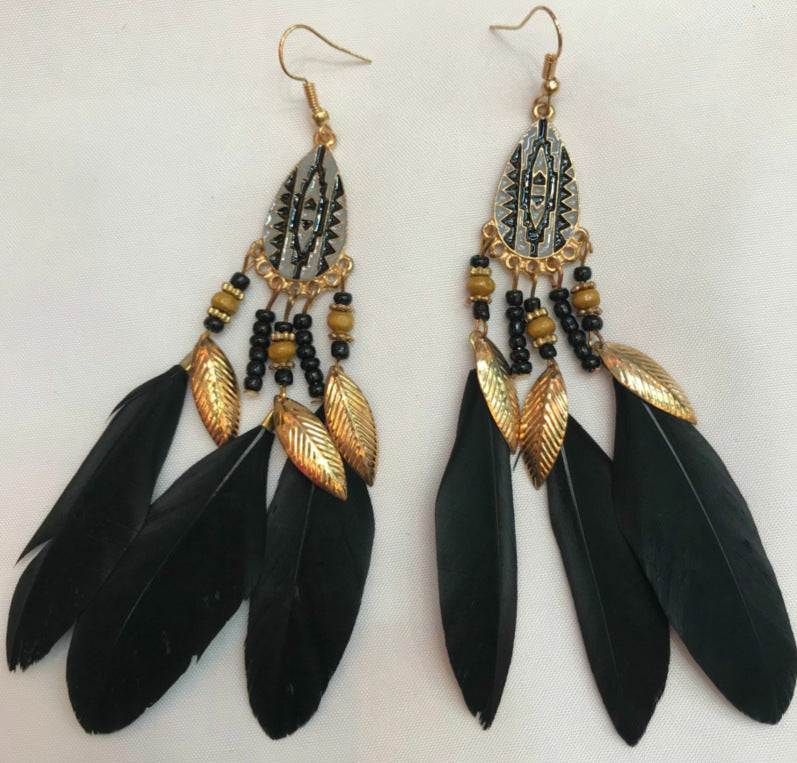 Ethnic Style Bohemian Water Droplets Alloy Feather Beaded Tassel Enamel Women's Drop Earrings