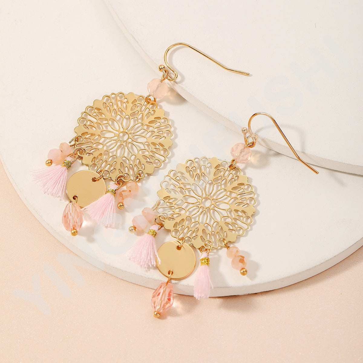 Ethnic Style Simple Style Dreamcatcher Artificial Crystal Copper Tassel Hollow Out Women's Drop Earrings