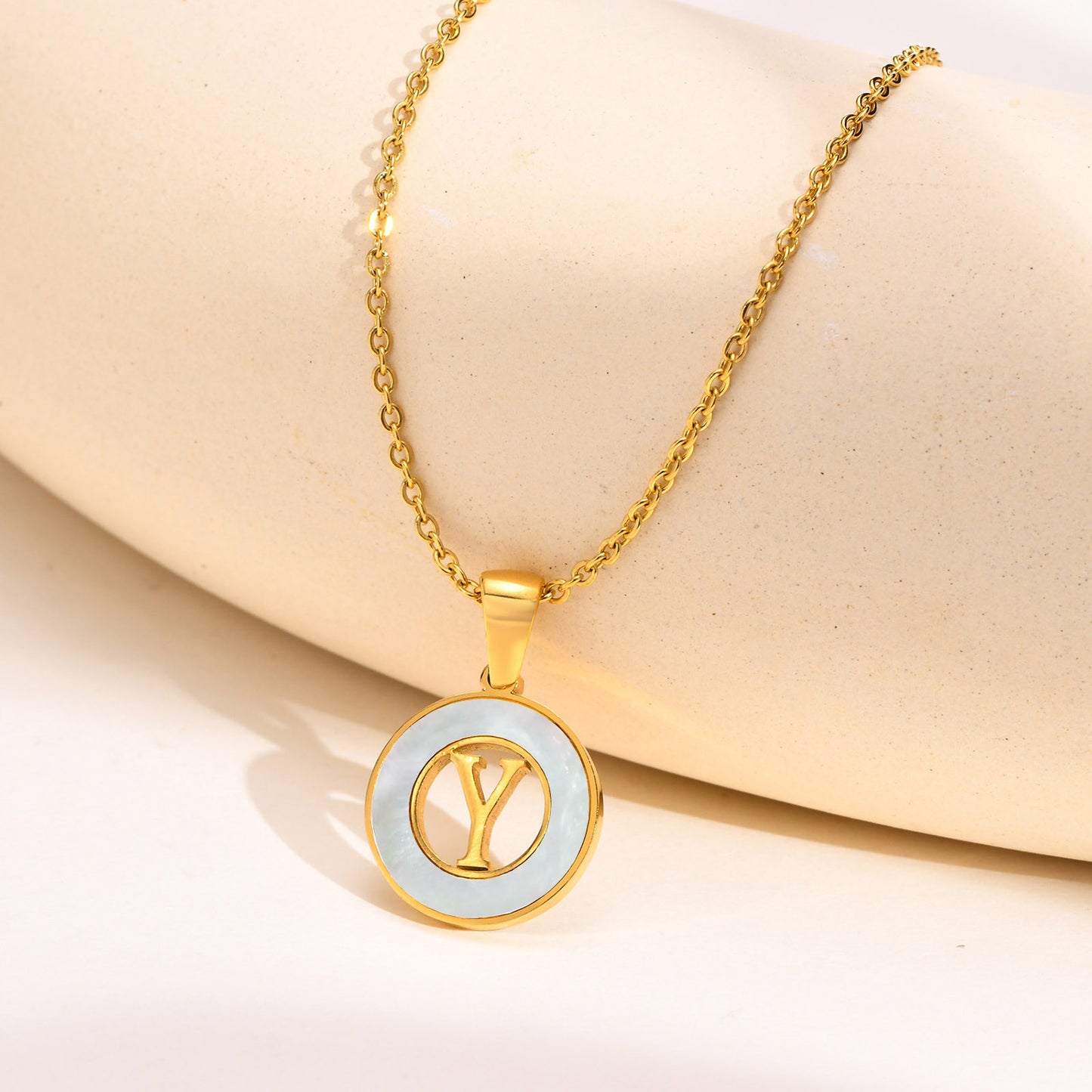 Ins Style Simple Style Letter Stainless Steel Plating Hollow Out Inlay Shell 18k Gold Plated Necklace Pendant