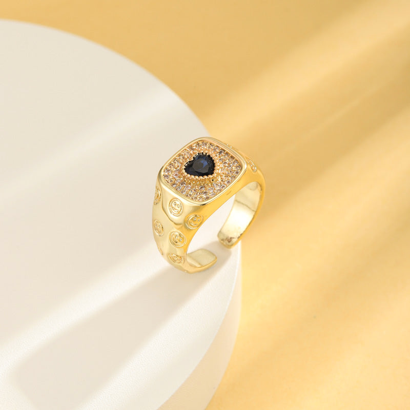 Retro Shiny Devil's Eye Heart Shape Copper Plating Inlay Zircon 18k Gold Plated Rings