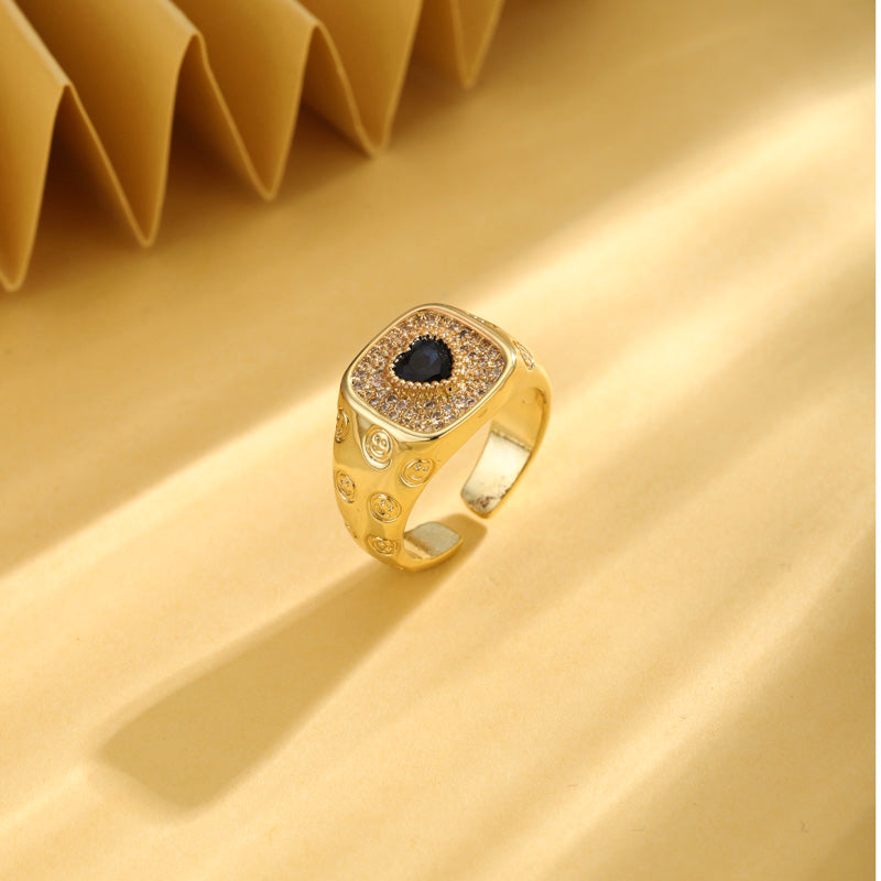 Retro Shiny Devil's Eye Heart Shape Copper Plating Inlay Zircon 18k Gold Plated Rings