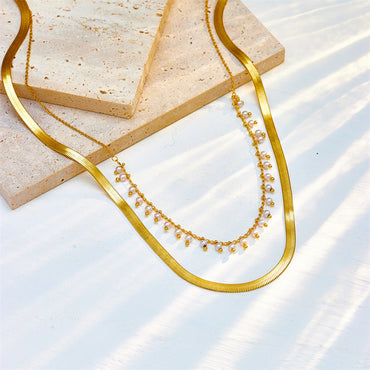 Elegant Geometric Titanium Steel Inlay Artificial Pearls 18k Gold Plated Layered Necklaces