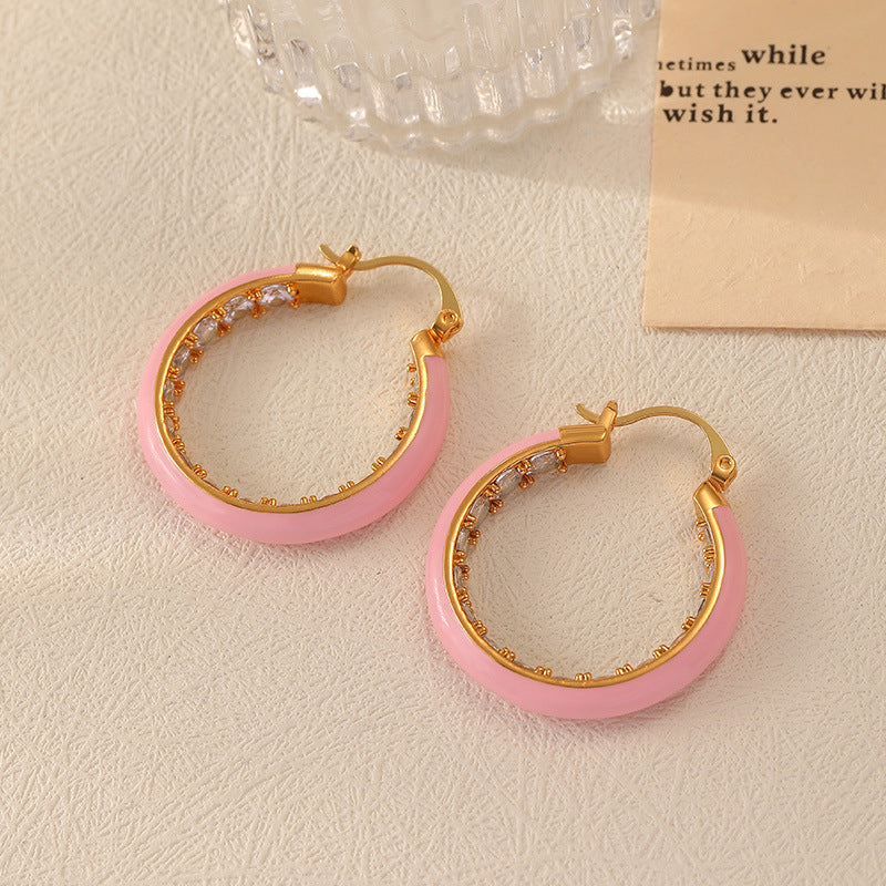 1 Pair Casual Simple Style Circle Copper Brass Enamel Plating Inlay Zircon 18k Gold Plated Hoop Earrings