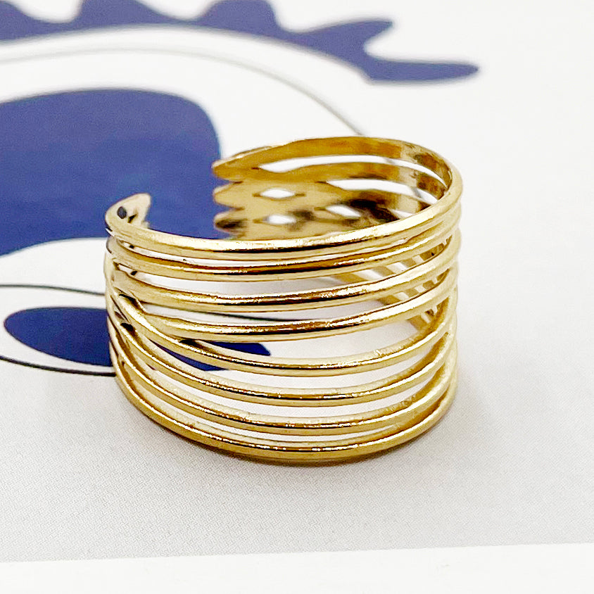 Casual Vacation Modern Style Lines Stainless Steel Metal Layered Polishing Plating Gold Plated Open Ring