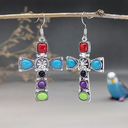 Vintage Style Cross Metal Plating Inlay Artificial Gemstones Silver Plated Women's Drop Earrings