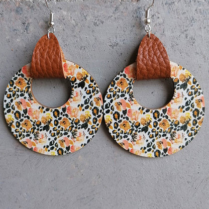 Casual Bohemian Round Flower Leopard Pu Leather Wood Steel Hollow Out Women's Drop Earrings