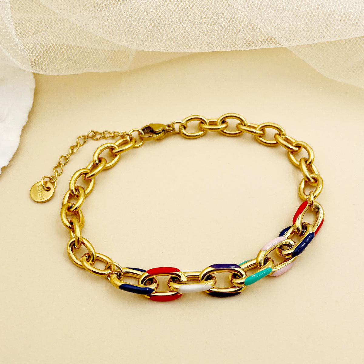 Hip-hop Commute Oval Stainless Steel Metal Enamel Plating Gold Plated Couple Bracelets