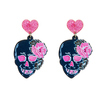 1 Pair Gothic Punk Heart Shape Flower Skull Arylic Drop Earrings