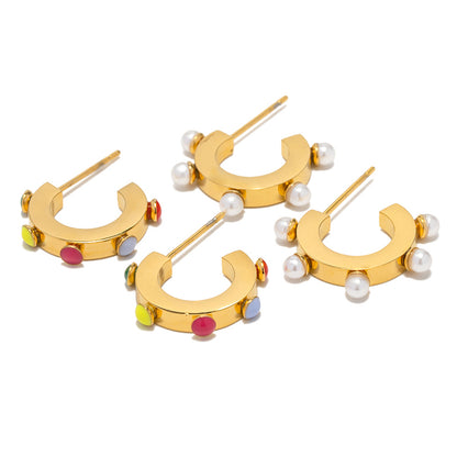 1 Pair Modern Style C Shape Plating Inlay Stainless Steel Pearl 18k Gold Plated Ear Studs