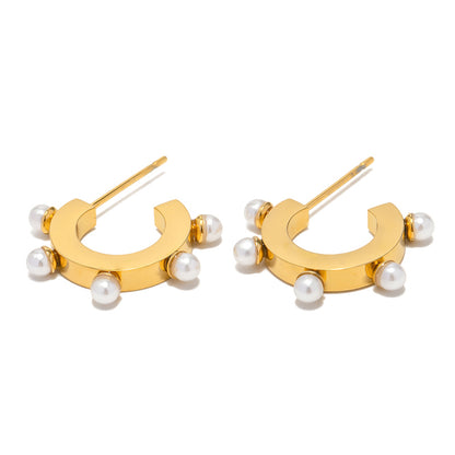 1 Pair Modern Style C Shape Plating Inlay Stainless Steel Pearl 18k Gold Plated Ear Studs