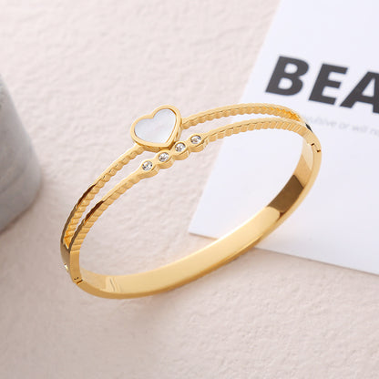 Casual Simple Style Heart Shape Stainless Steel Plating Inlay Rhinestones Shell Bangle