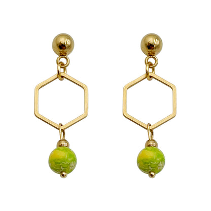 1 Pair Chinoiserie Classical Cute Hexagon Stainless Steel Natural Stone Plating Hollow Out Gold Plated Drop Earrings