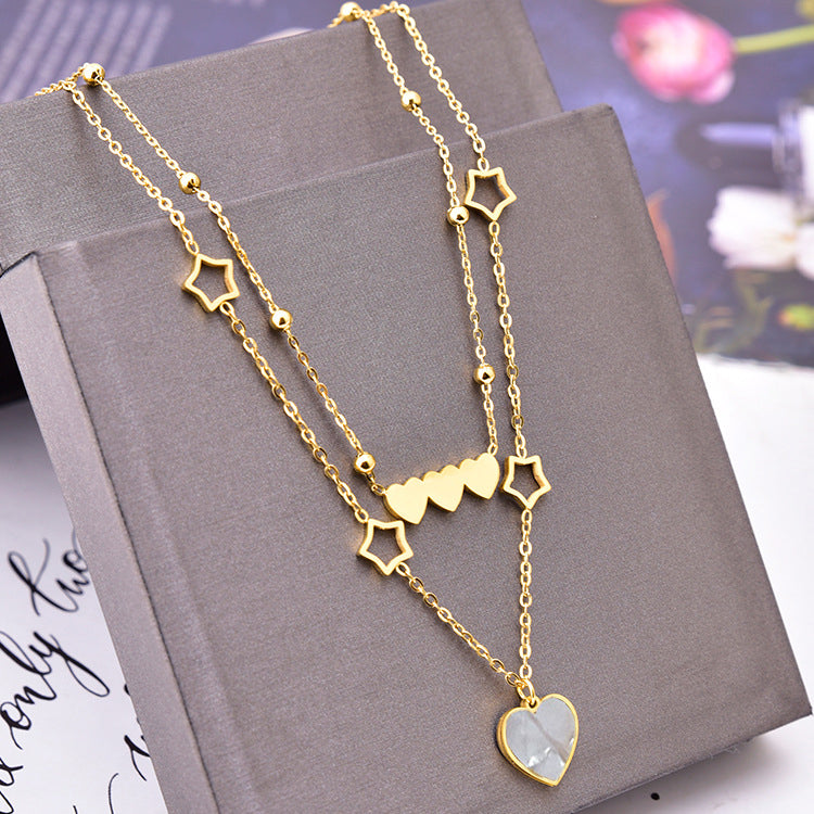 Luxurious Pentagram Heart Shape Titanium Steel Plating Inlay Shell 18k Gold Plated Pendant Necklace